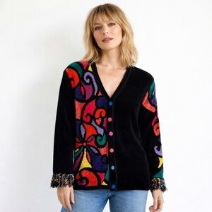 90s Vintage Black Colorful Cardigan Fringe Wmn's size S Chenille Artsy Boho